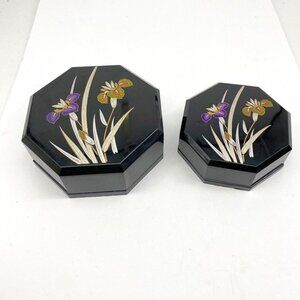 VTG Yamanaka Japan‎ Lacquerware Nesting Boxes Black Floral Trinket 2pc 70s *flaw
